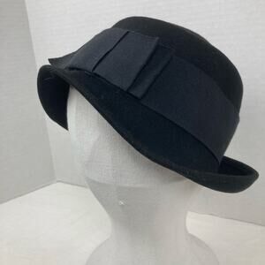 Cloche Felt Wool Hat Women OS Black Bucket Ribbon Bow 1920s Style Bell Romantic